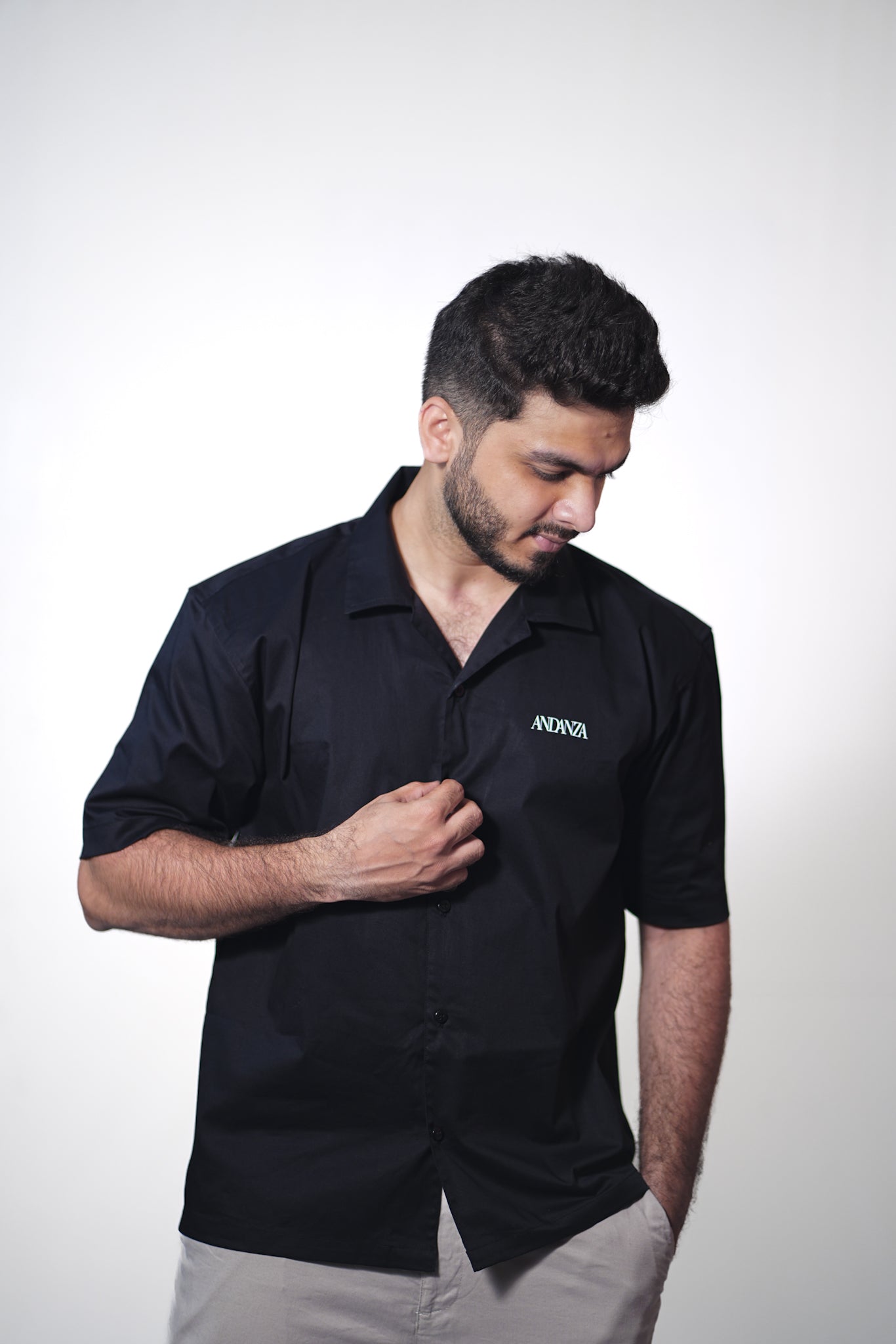 RISE ABOVE – Black Half Sleeve Cuban Collar Shirt | Twill Cotton Relaxed Fit by ANDANZA