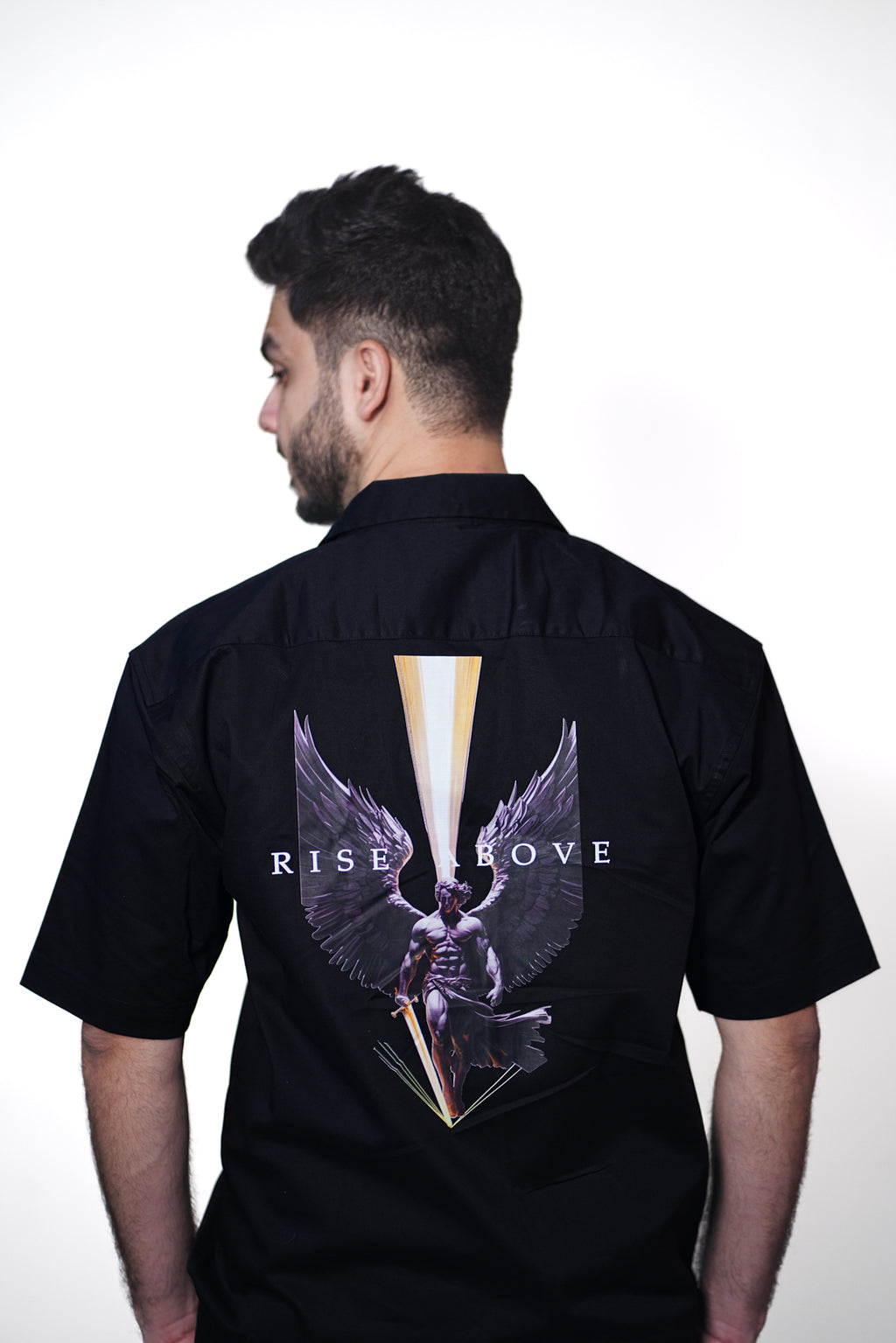 RISE ABOVE – Black Half Sleeve Cuban Collar Shirt | Twill Cotton Relaxed Fit by ANDANZA
