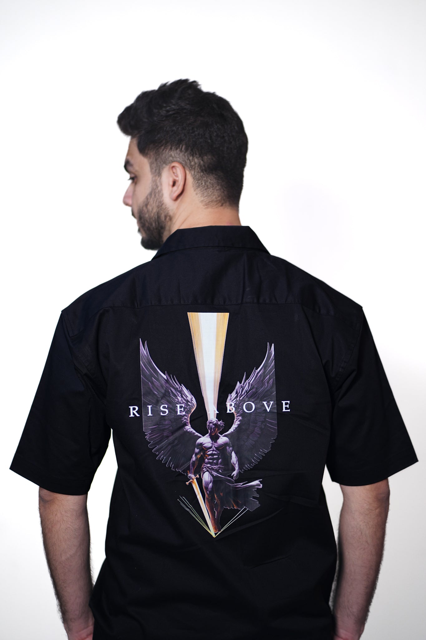 RISE ABOVE – Black Half Sleeve Cuban Collar Shirt | Twill Cotton Relaxed Fit by ANDANZA
