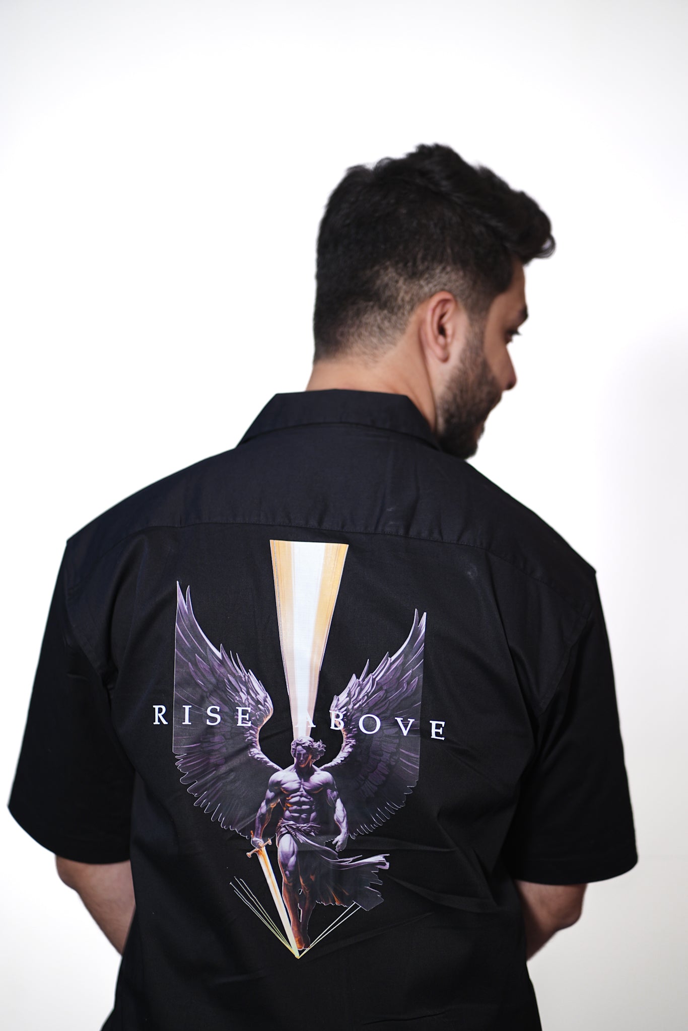 RISE ABOVE – Black Half Sleeve Cuban Collar Shirt | Twill Cotton Relaxed Fit by ANDANZA