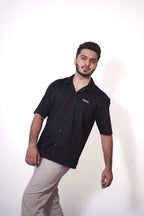 RISE ABOVE – Black Half Sleeve Cuban Collar Shirt | Twill Cotton Relaxed Fit by ANDANZA