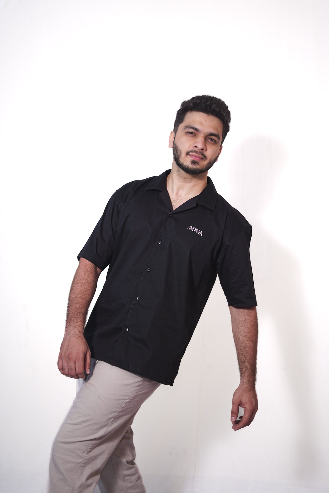 RISE ABOVE – Black Half Sleeve Cuban Collar Shirt | Twill Cotton Relaxed Fit by ANDANZA